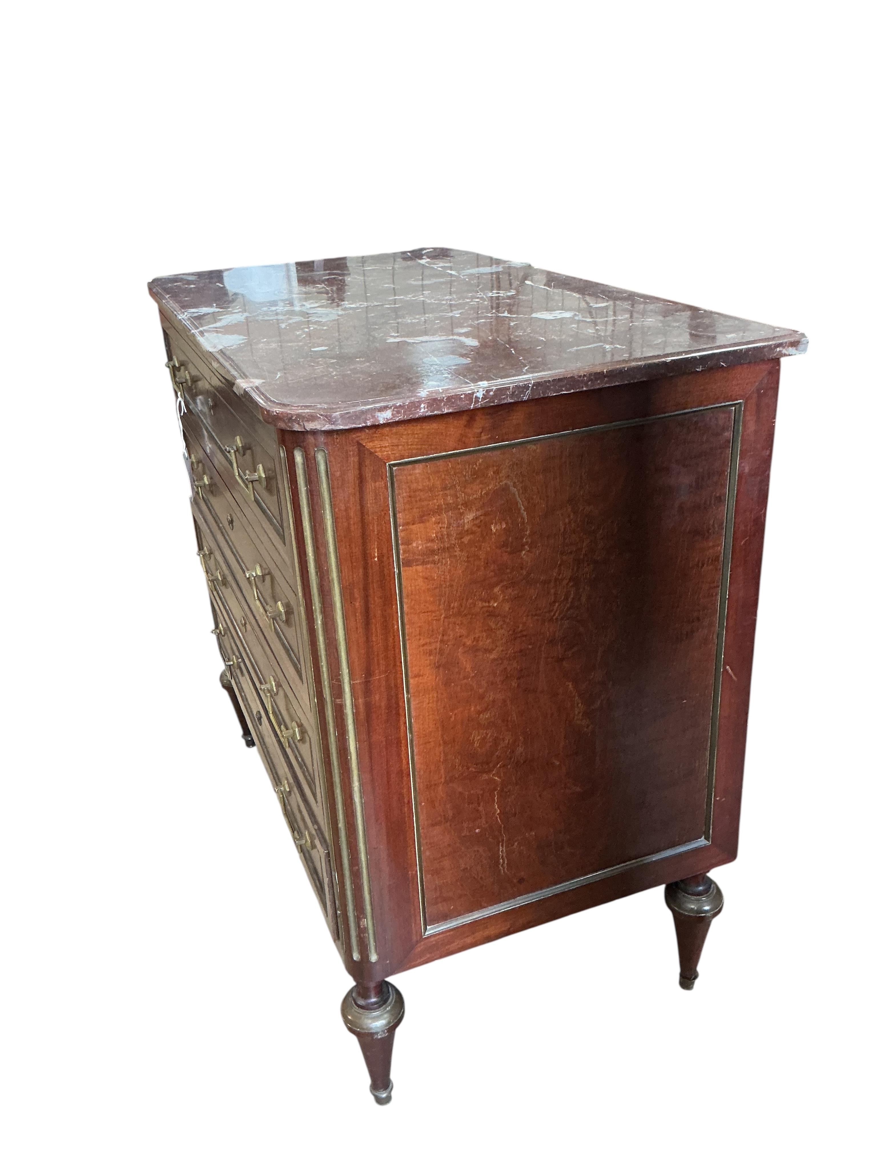 A Louis XVI style brass mounted marble top mahogany commode, makers label Alfred Whimpen, width 90cm, depth 52cm, height 88cm